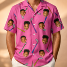 Model wearing Men's Loft Legends Custom Face Hawaiian Shirt printed with kids' faces