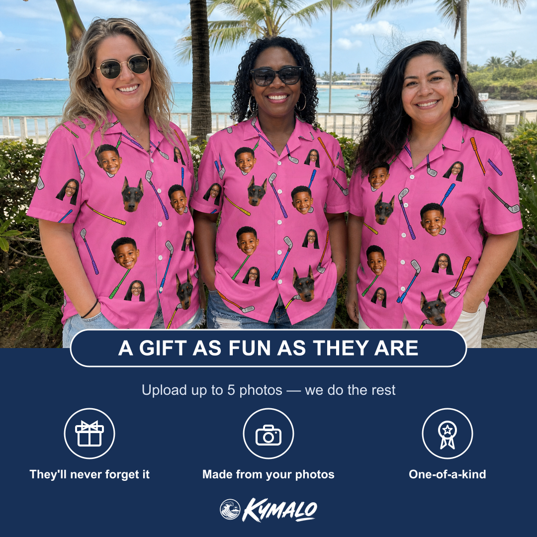 Friends in matching Women's Loft Legends Custom Face Hawaiian Shirt — a group gift photo
