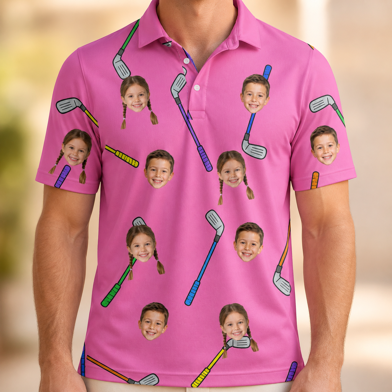 Model wearing Men's Loft Legends Custom Face Polo Shirt printed with kids' faces