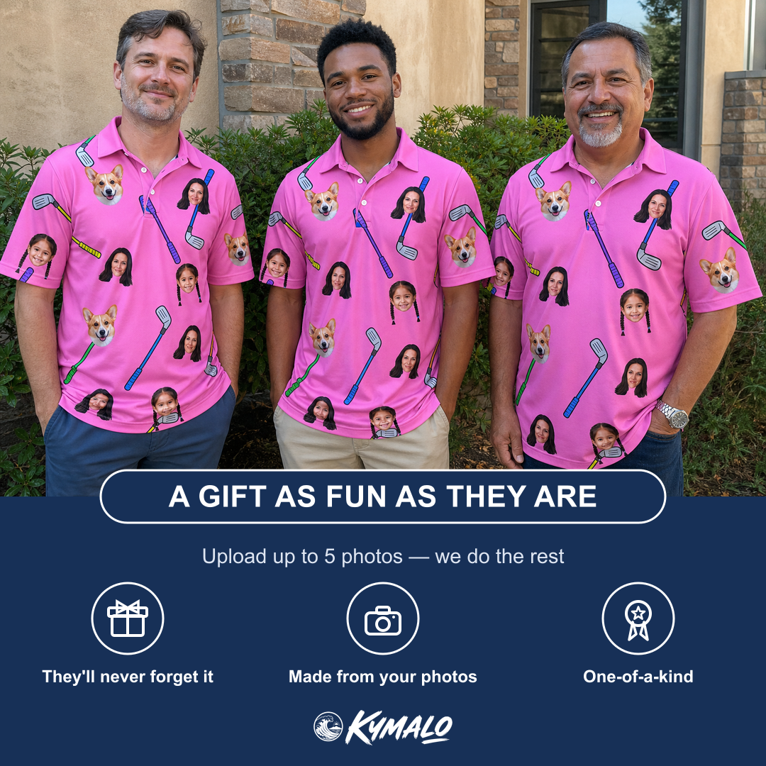 Friends in matching Men's Loft Legends Custom Face Polo Shirt — a group gift photo