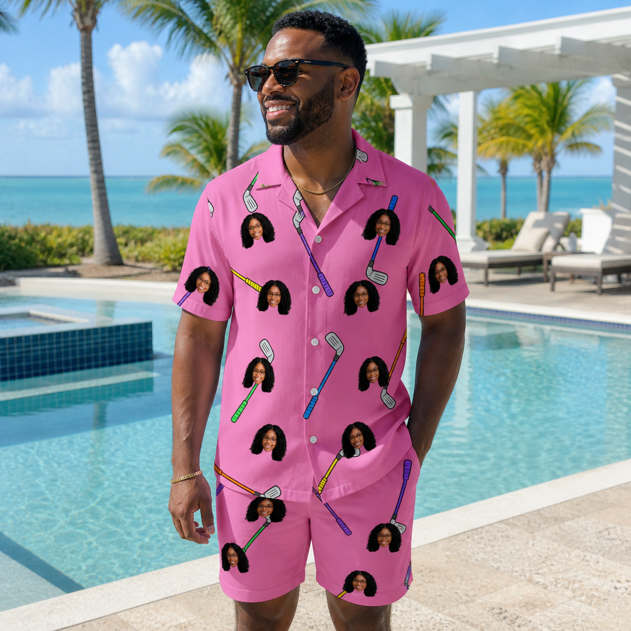 Real-life photo of someone wearing Men's Loft Legends Custom Face Shirt & Shorts Set — custom faces printed all-over