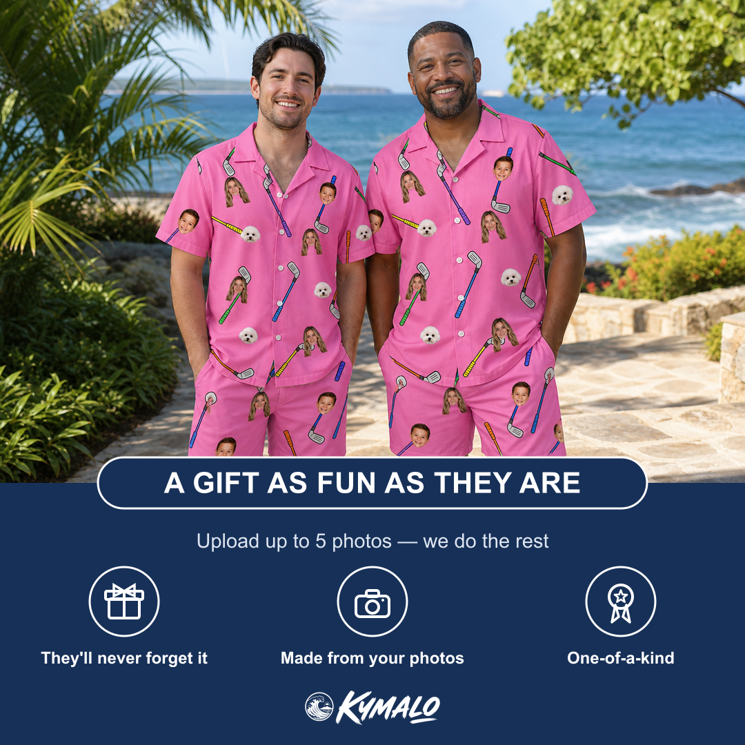 Friends in matching Men's Loft Legends Custom Face Shirt & Shorts Set — a group gift photo