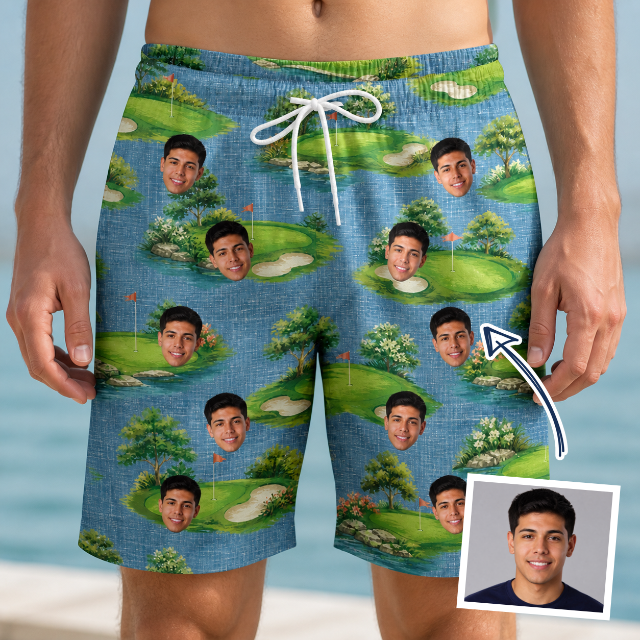 Man wearing Men's Mulligan Meadows Custom Face Beach Shorts — custom faces printed all-over