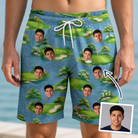 Man wearing Men's Mulligan Meadows Custom Face Beach Shorts — custom faces printed all-over