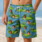 Model wearing Men's Mulligan Meadows Custom Face Beach Shorts printed with kids' faces