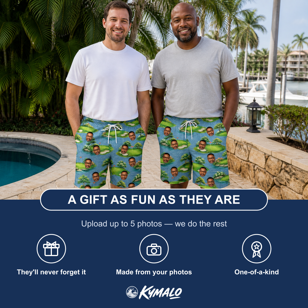 Friends in matching Men's Mulligan Meadows Custom Face Beach Shorts — a group gift photo