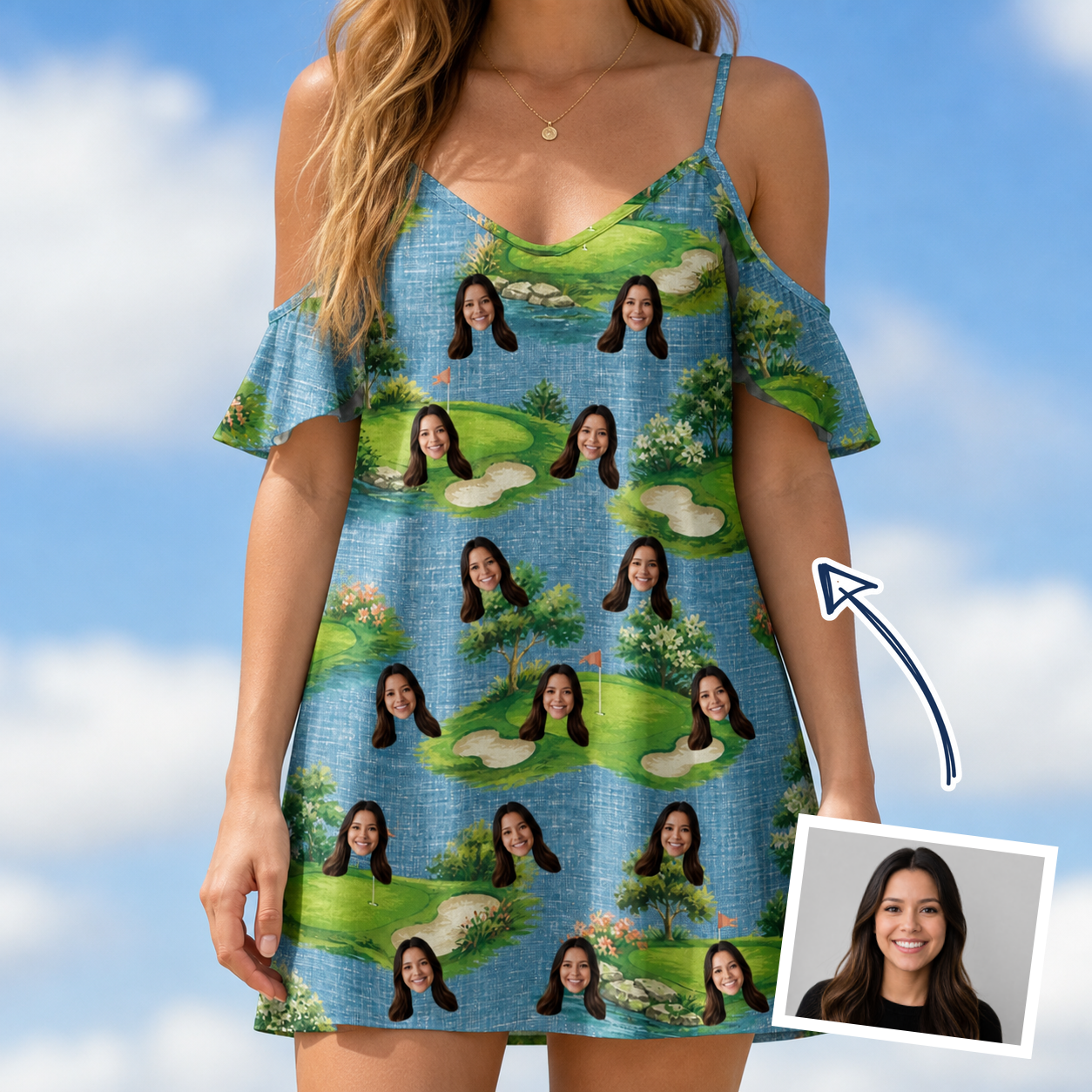 Woman wearing Women's Mulligan Meadows Custom Face Off-Shoulder Dress — custom faces printed all-over