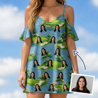 Woman wearing Women's Mulligan Meadows Custom Face Off-Shoulder Dress — custom faces printed all-over