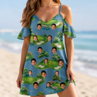 Model wearing Women's Mulligan Meadows Custom Face Off-Shoulder Dress printed with kids' faces