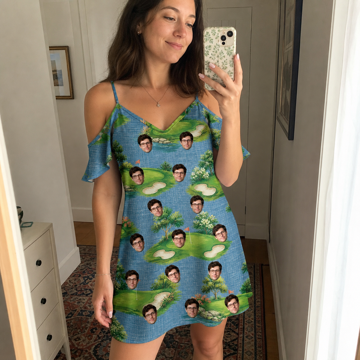 Real-life photo of someone wearing Women's Mulligan Meadows Custom Face Off-Shoulder Dress — custom faces printed all-over