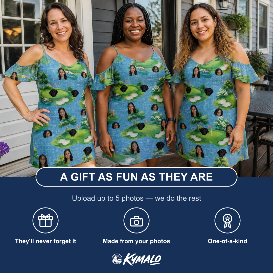 Friends in matching Women's Mulligan Meadows Custom Face Off-Shoulder Dress — a group gift photo