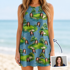Woman wearing Women's Mulligan Meadows Custom Face Tank Dress — custom faces printed all-over