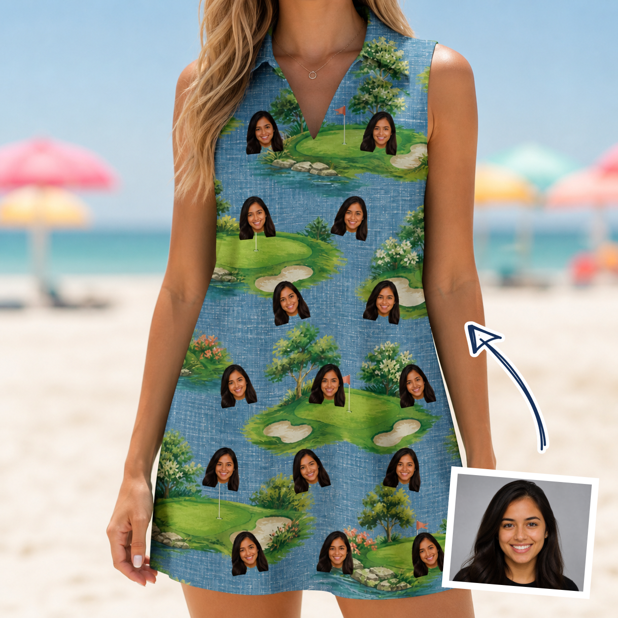 Woman wearing Women's Mulligan Meadows Custom Face V-Neck Dress — custom faces printed all-over