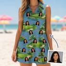 Woman wearing Women's Mulligan Meadows Custom Face V-Neck Dress — custom faces printed all-over