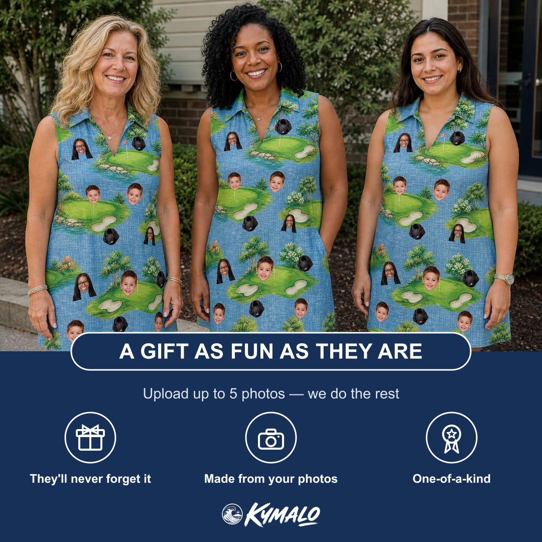 Friends in matching Women's Mulligan Meadows Custom Face V-Neck Dress — a group gift photo