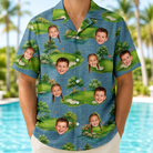 Model wearing Men's Mulligan Meadows Custom Face Hawaiian Shirt printed with kids' faces