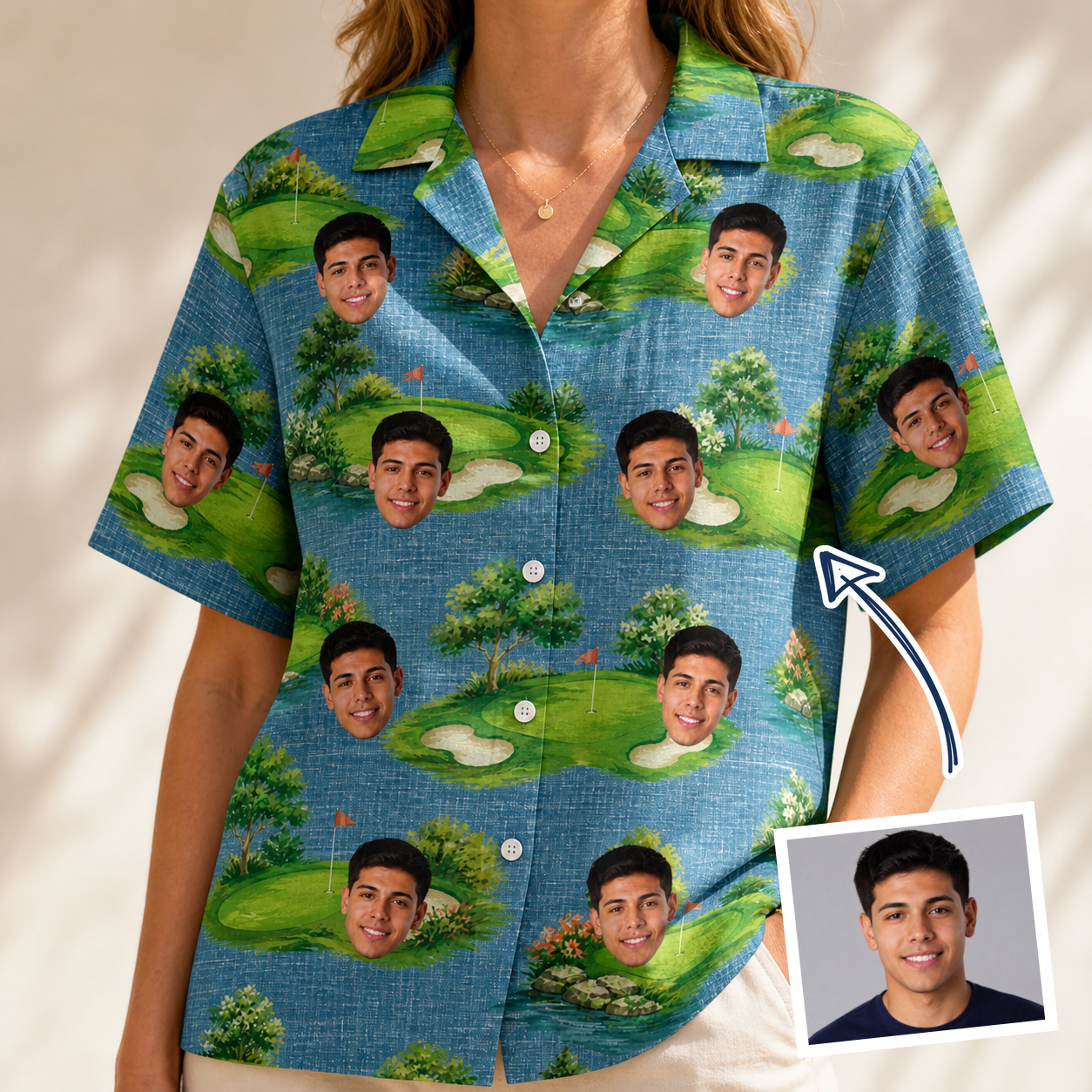 Woman wearing Women's Mulligan Meadows Custom Face Hawaiian Shirt — custom faces printed all-over