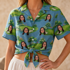 Woman wearing Women's Mulligan Meadows Custom Face Hawaiian Shirt tied at the waist
