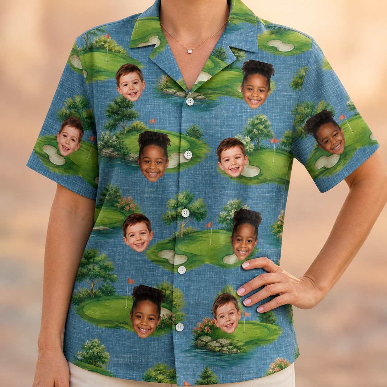 Model wearing Women's Mulligan Meadows Custom Face Hawaiian Shirt printed with kids' faces