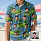Man wearing Men's Mulligan Meadows Custom Face Polo Shirt — custom faces printed all-over