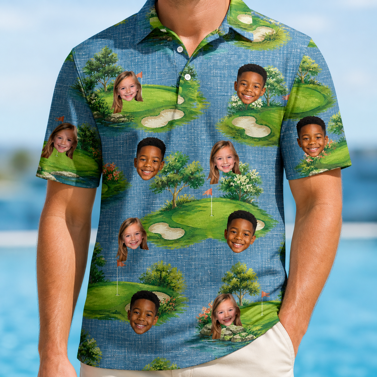 Model wearing Men's Mulligan Meadows Custom Face Polo Shirt printed with kids' faces
