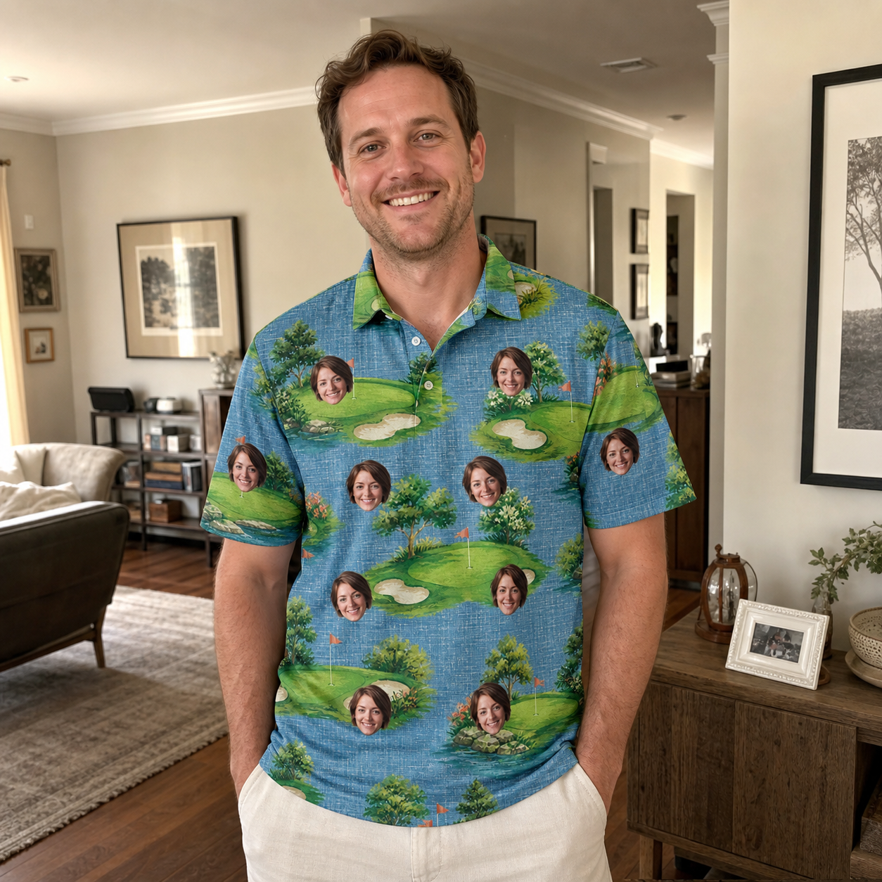Real-life photo of someone wearing Men's Mulligan Meadows Custom Face Polo Shirt — custom faces printed all-over