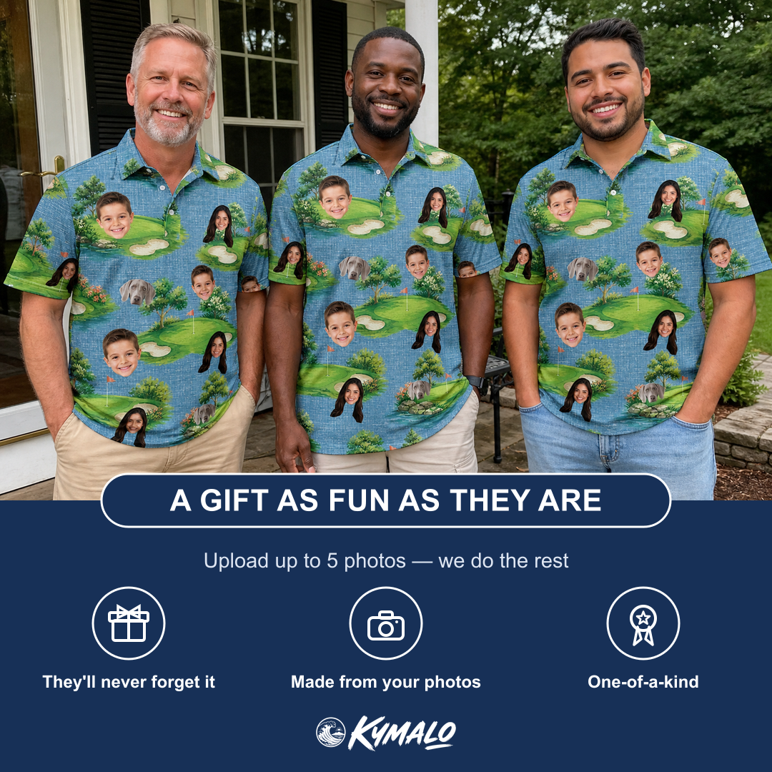 Friends in matching Men's Mulligan Meadows Custom Face Polo Shirt — a group gift photo