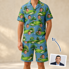 Man wearing Men's Mulligan Meadows Custom Face Shirt & Shorts Set — custom faces printed all-over