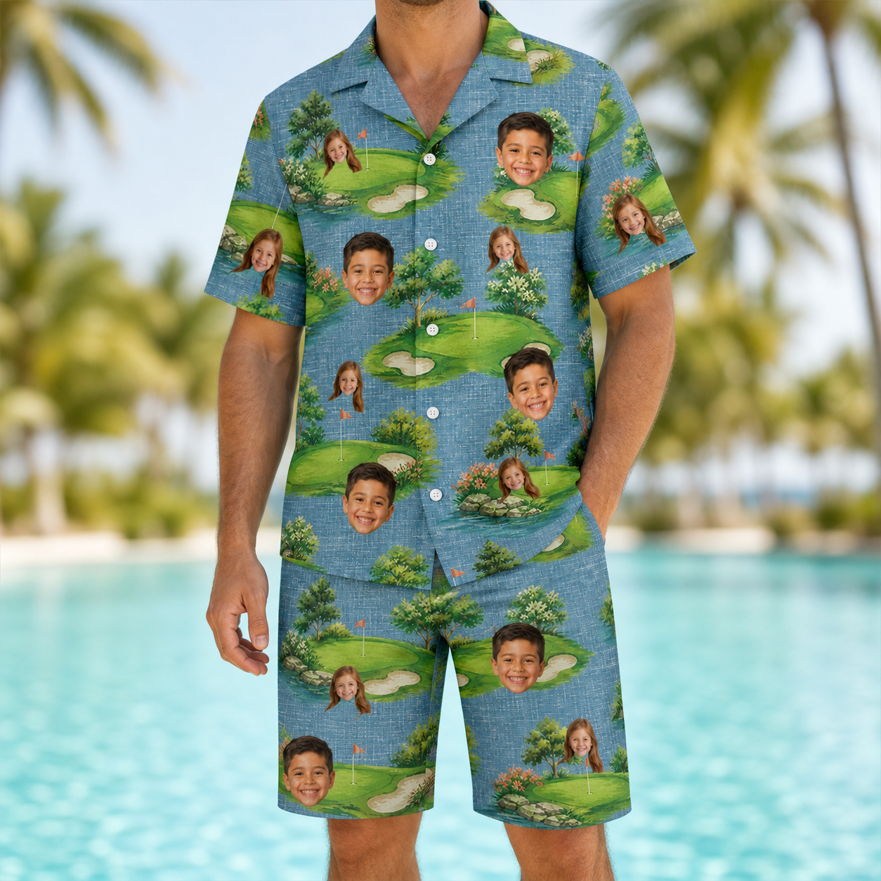 Model wearing Men's Mulligan Meadows Custom Face Shirt & Shorts Set printed with kids' faces
