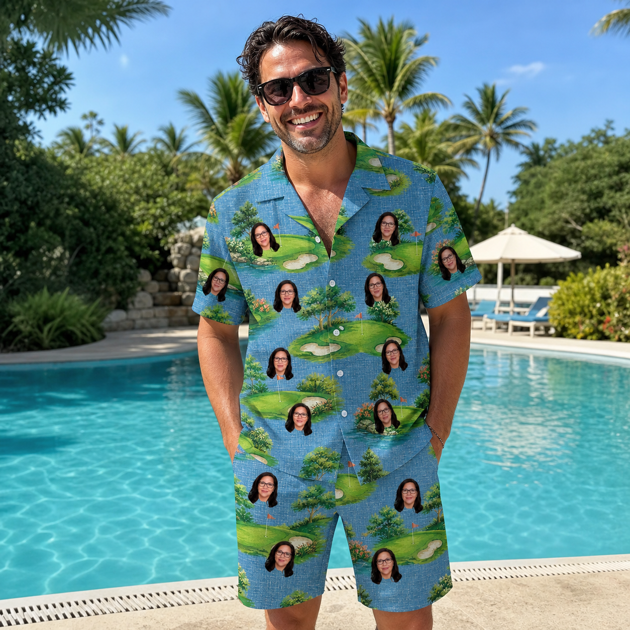 Real-life photo of someone wearing Men's Mulligan Meadows Custom Face Shirt & Shorts Set — custom faces printed all-over