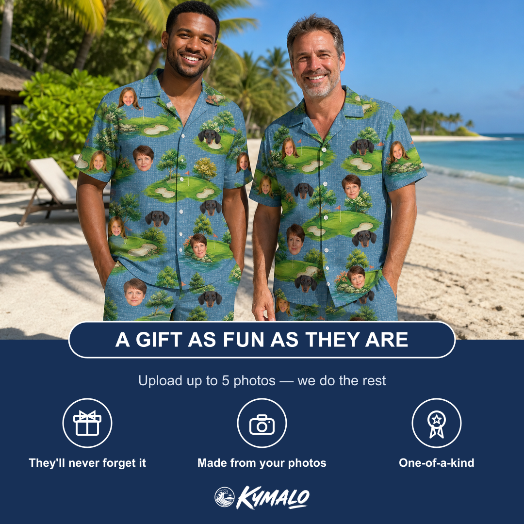 Friends in matching Men's Mulligan Meadows Custom Face Shirt & Shorts Set — a group gift photo
