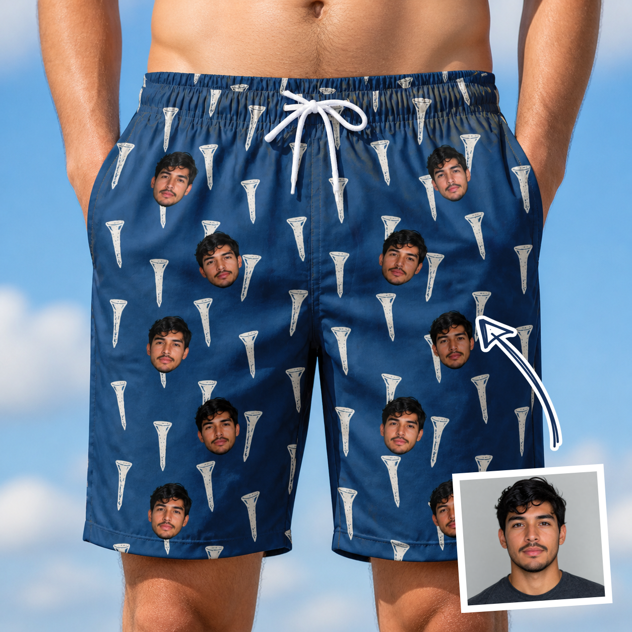 Man wearing Men's Peg Pursuit Custom Face Beach Shorts — custom faces printed all-over
