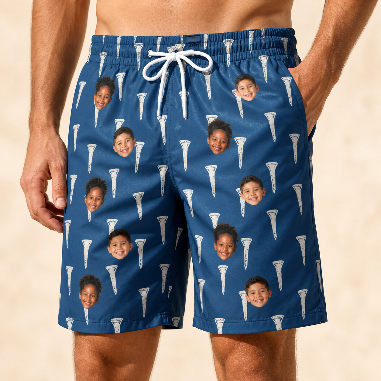 Model wearing Men's Peg Pursuit Custom Face Beach Shorts printed with kids' faces