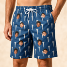 Model wearing Men's Peg Pursuit Custom Face Beach Shorts printed with kids' faces