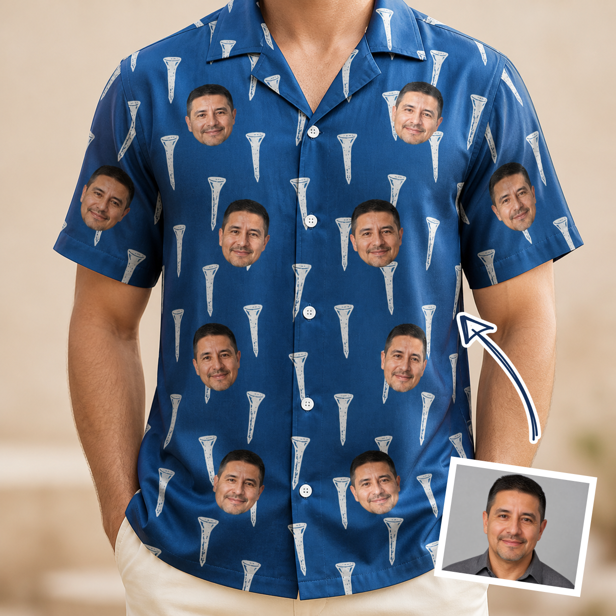 Man wearing Men's Peg Pursuit Custom Face Hawaiian Shirt — custom faces printed all-over