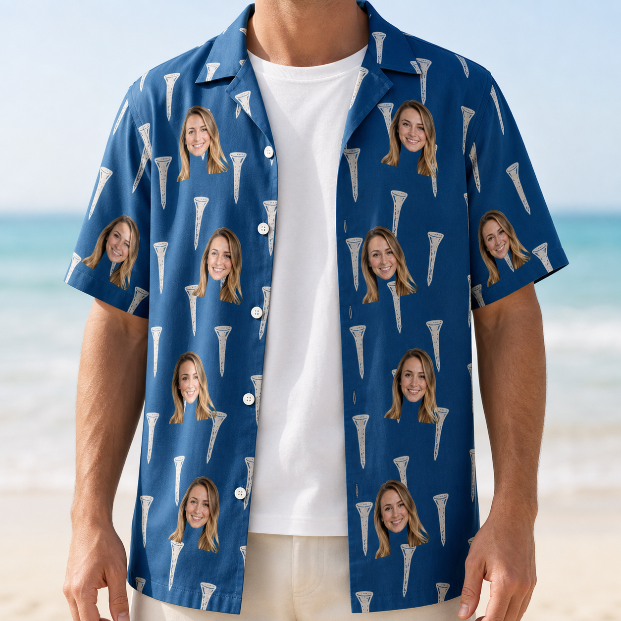 Man wearing Men's Peg Pursuit Custom Face Hawaiian Shirt open over a white tee