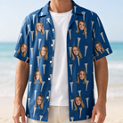Man wearing Men's Peg Pursuit Custom Face Hawaiian Shirt open over a white tee