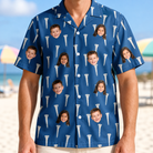 Model wearing Men's Peg Pursuit Custom Face Hawaiian Shirt printed with kids' faces