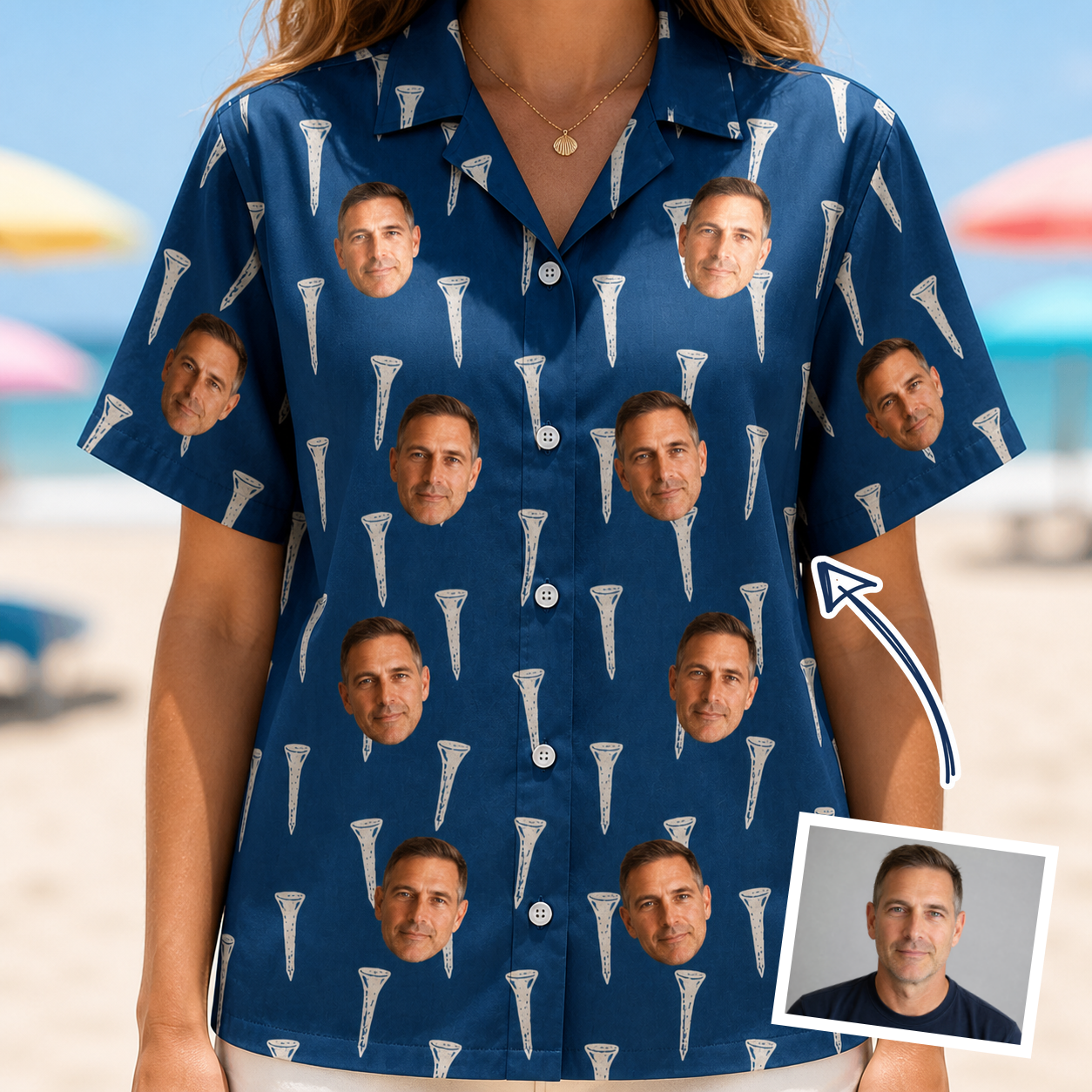 Woman wearing Women's Peg Pursuit Custom Face Hawaiian Shirt — custom faces printed all-over