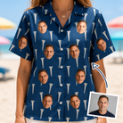 Woman wearing Women's Peg Pursuit Custom Face Hawaiian Shirt — custom faces printed all-over