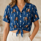 Woman wearing Women's Peg Pursuit Custom Face Hawaiian Shirt tied at the waist