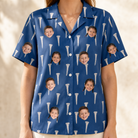 Model wearing Women's Peg Pursuit Custom Face Hawaiian Shirt printed with kids' faces