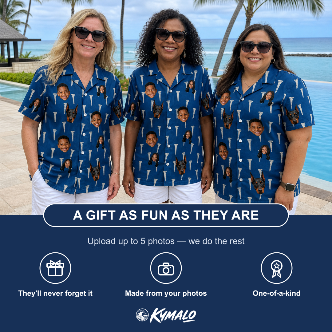 Friends in matching Women's Peg Pursuit Custom Face Hawaiian Shirt — a group gift photo