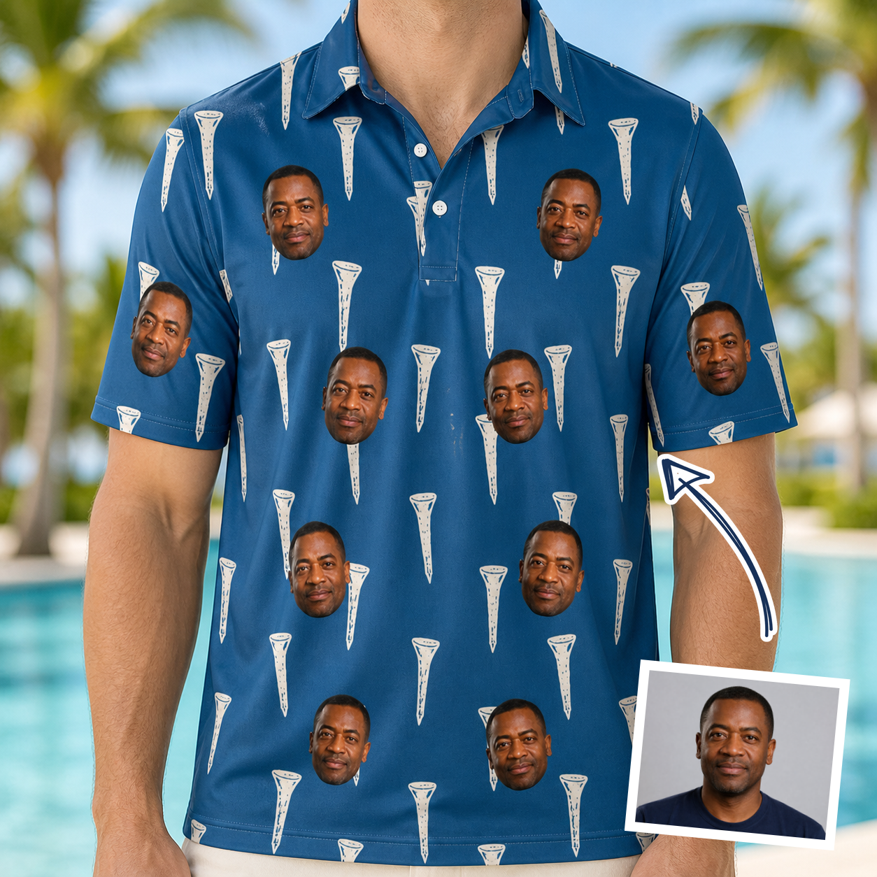 Man wearing Men's Peg Pursuit Custom Face Polo Shirt — custom faces printed all-over