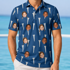 Model wearing Men's Peg Pursuit Custom Face Polo Shirt printed with kids' faces