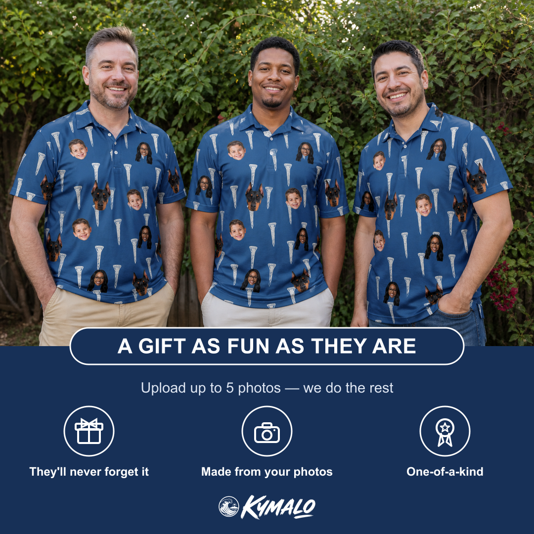Friends in matching Men's Peg Pursuit Custom Face Polo Shirt — a group gift photo