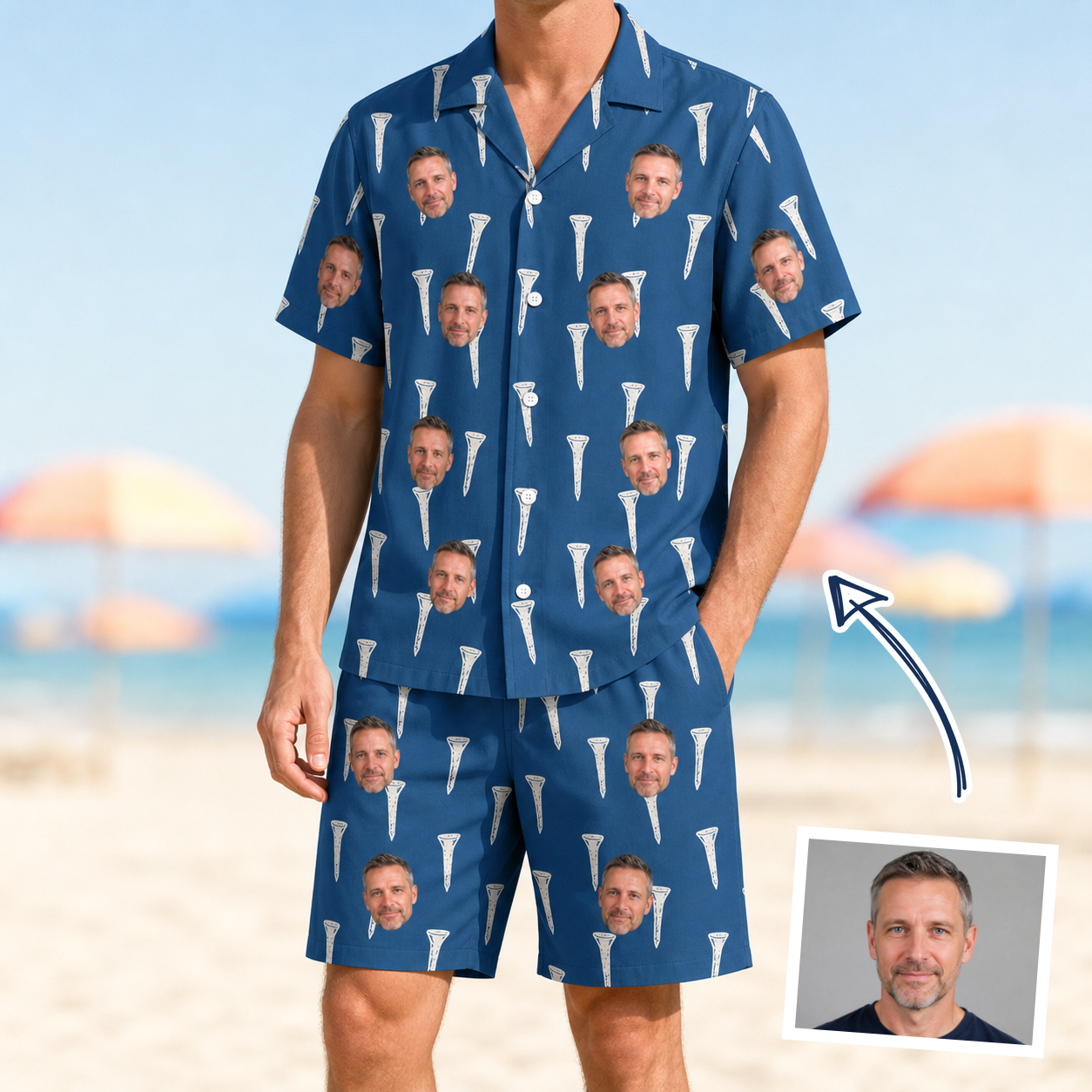 Man wearing Men's Peg Pursuit Custom Face Shirt & Shorts Set — custom faces printed all-over