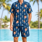 Model wearing Men's Peg Pursuit Custom Face Shirt & Shorts Set printed with kids' faces