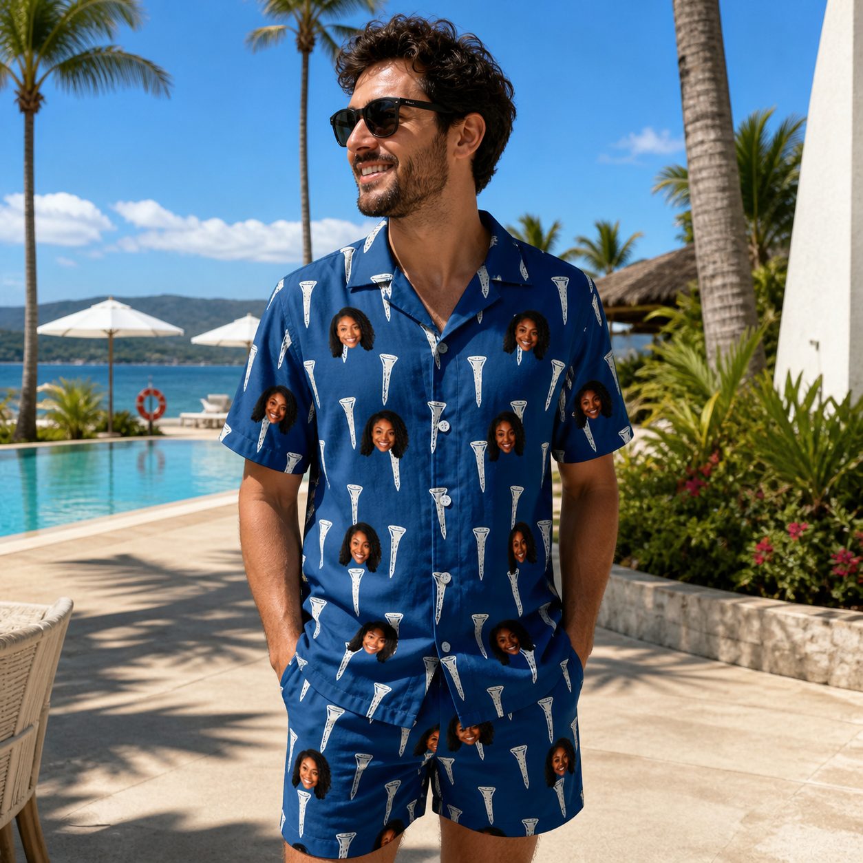 Real-life photo of someone wearing Men's Peg Pursuit Custom Face Shirt & Shorts Set — custom faces printed all-over