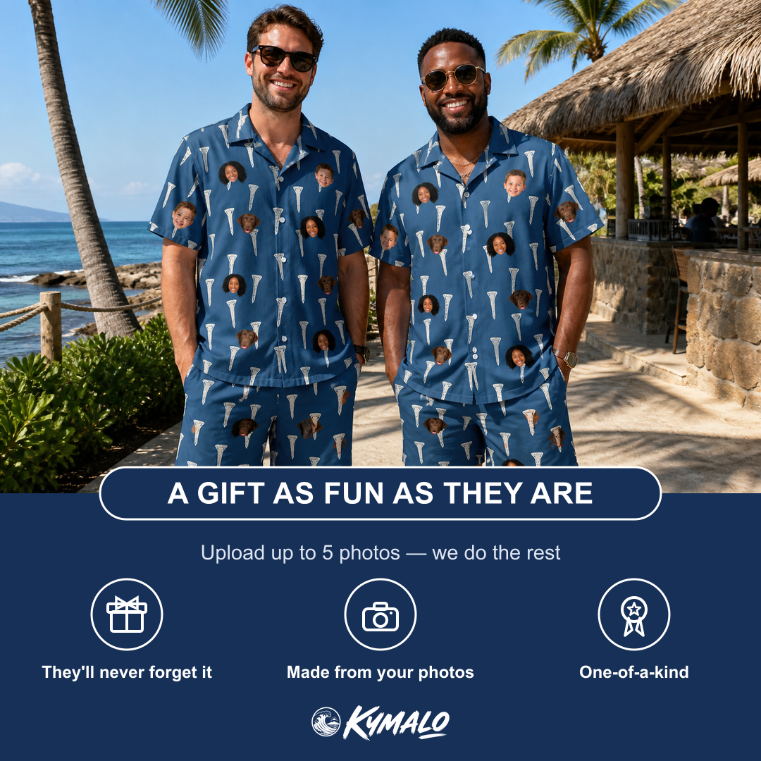 Friends in matching Men's Peg Pursuit Custom Face Shirt & Shorts Set — a group gift photo